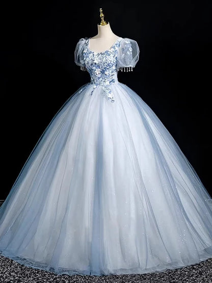 Dusty Blue Tulle ball-gown scoop-neck lace-up-back floor-length Dress - Aabei Dress