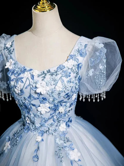 Dusty Blue Tulle ball-gown scoop-neck lace-up-back floor-length Dress - Aabei Dress