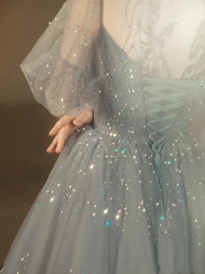 Dusty Blue Tulle ball-gown sweetheart lace-up-back floor-length Dress Back View - Aabei Dress