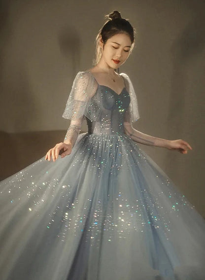 Dusty Blue Tulle ball-gown sweetheart lace-up-back floor-length Dress Front View - Aabei Dress