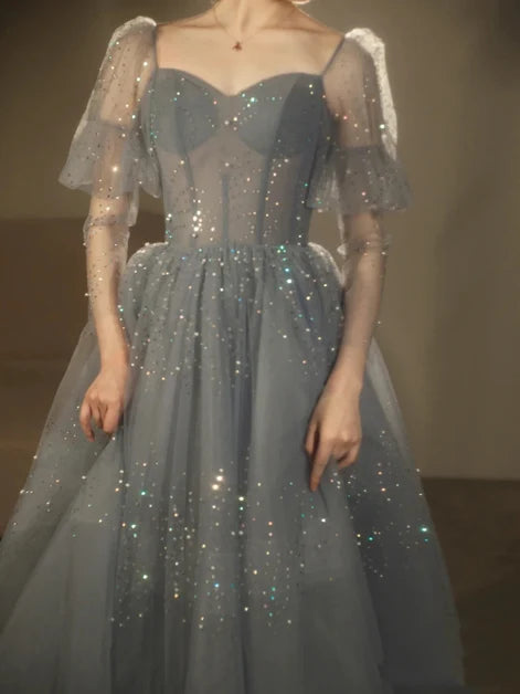 Dusty Blue Tulle ball-gown sweetheart lace-up-back floor-length Dress - Aabei Dress