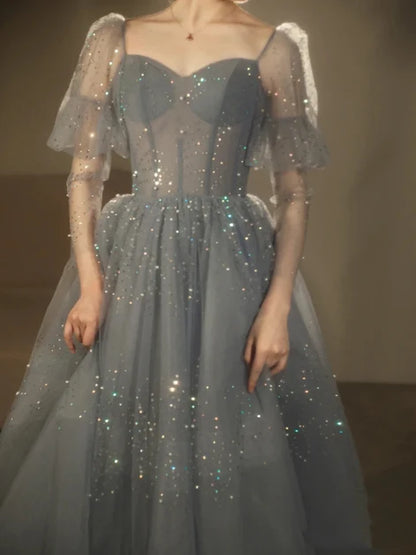 Dusty Blue Tulle ball-gown sweetheart lace-up-back floor-length Dress - Aabei Dress