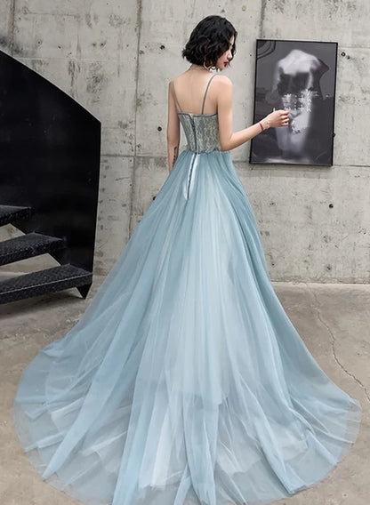 Dusty Blue Tulle & Lace A-Line Straight Across Zipper Back Floor-Length Dress Back View - Aabei Dress