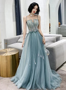Dusty Blue Tulle & Lace A-Line Straight Across Zipper Back Floor-Length Dress Front View - Aabei Dress
