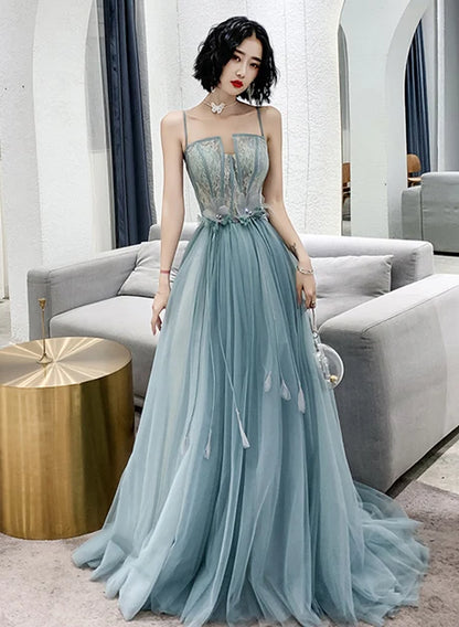 Dusty Blue Tulle & Lace A-Line Straight Across Zipper Back Floor-Length Dress Front View - Aabei Dress