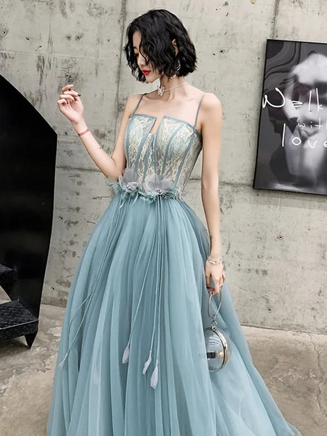 Dusty Blue Tulle & Lace A-Line Straight Across Zipper Back Floor-Length Dress - Aabei Dress
