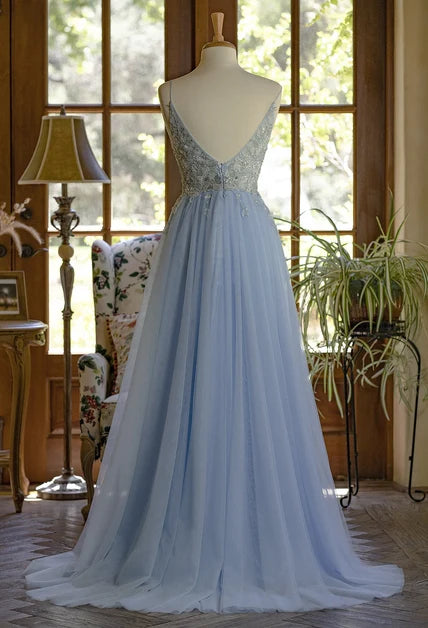 Dusty Blue Tulle & Lace A-Line V-Neck V-Back Floor-Length Dress Back View - Aabei Dress