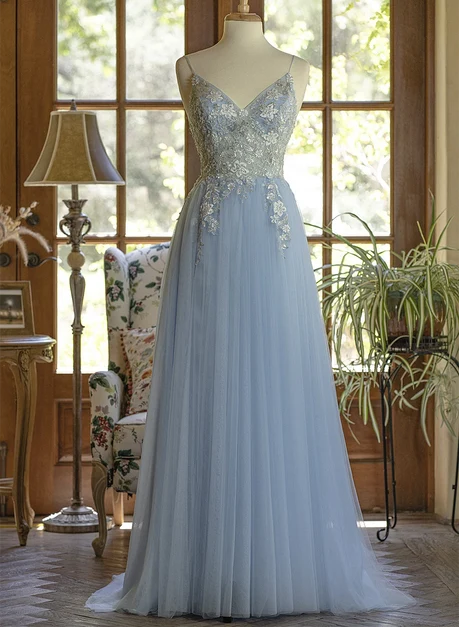 Dusty Blue Tulle & Lace A-Line V-Neck V-Back Floor-Length Dress Front View - Aabei Dress
