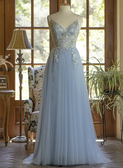 Dusty Blue Tulle & Lace A-Line V-Neck V-Back Floor-Length Dress Front View - Aabei Dress