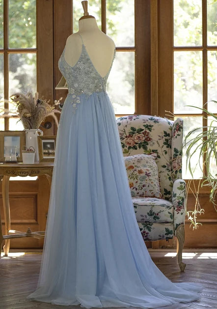 Dusty Blue Tulle & Lace A-Line V-Neck V-Back Floor-Length Dress - Aabei Dress