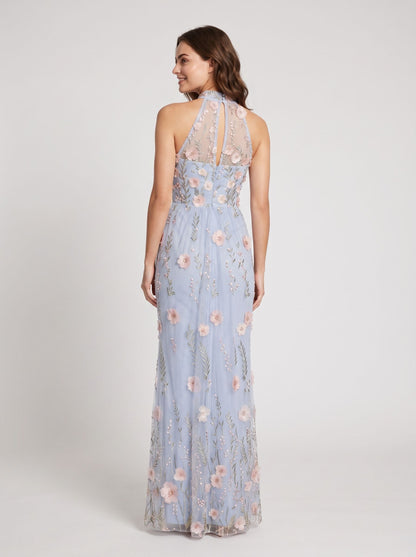 Dusty Blue Tulle Sheath Column High Neck Keyhole Back Floor Length Dress Back View - Aabei Dress