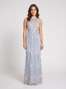 Dusty Blue Tulle Sheath Column High Neck Keyhole Back Floor Length Dress Front View - Aabei Dress