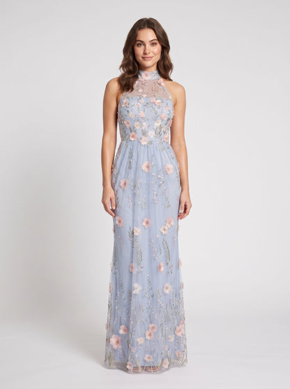 Dusty Blue Tulle Sheath Column High Neck Keyhole Back Floor Length Dress Front View - Aabei Dress