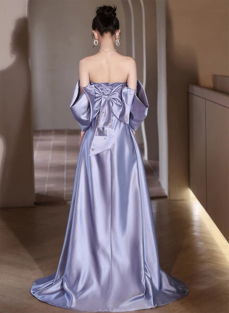 Dusty Lavender Satin A-Line Sweetheart Lace-up-back Floor-Length Dress Back View - Aabei Dress