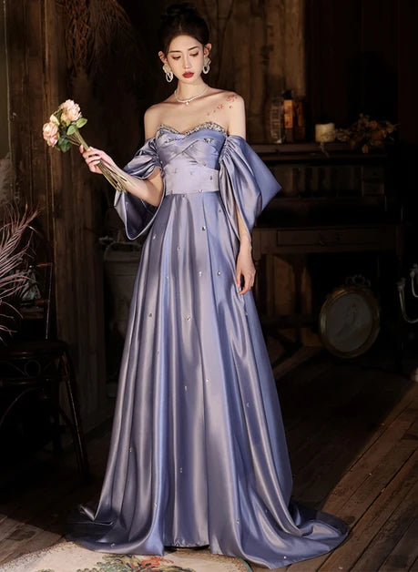 Dusty Lavender Satin A-Line Sweetheart Lace-up-back Floor-Length Dress Front View - Aabei Dress