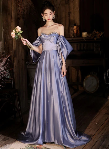 Dusty Lavender Satin A-Line Sweetheart Lace-up-back Floor-Length Dress Front View - Aabei Dress