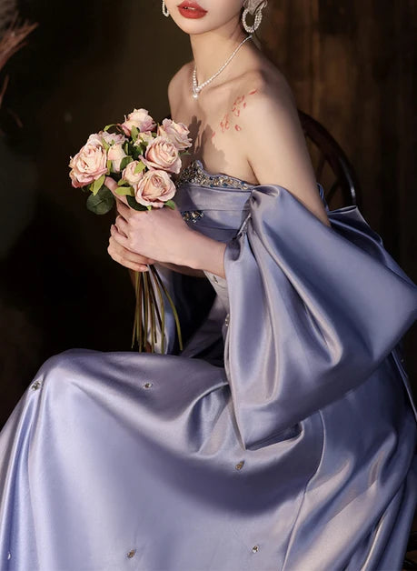 Dusty Lavender Satin A-Line Sweetheart Lace-up-back Floor-Length Dress - Aabei Dress