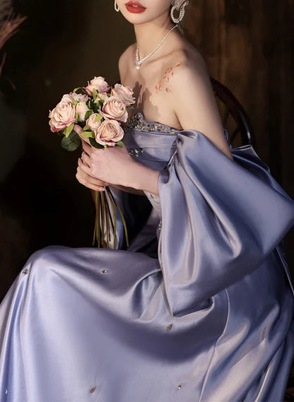 Dusty Lavender Satin A-Line Sweetheart Lace-up-back Floor-Length Dress - Aabei Dress