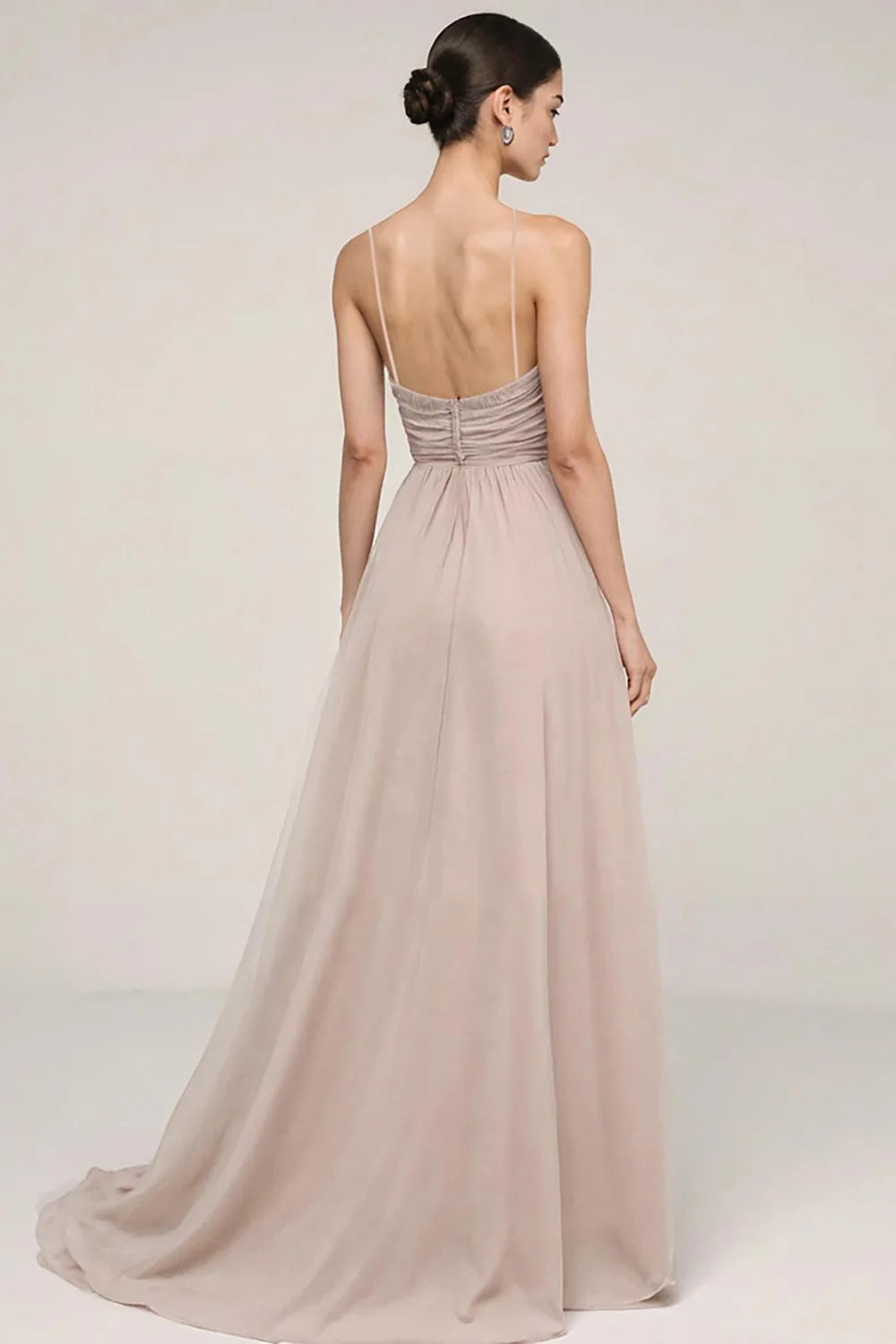 Dusty Rose Chiffon a-line plunging-v-neck low-back floor-length Dress Back View - Aabei Dress