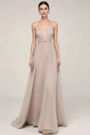 Dusty Rose Chiffon a-line plunging-v-neck low-back floor-length Dress Front View - Aabei Dress