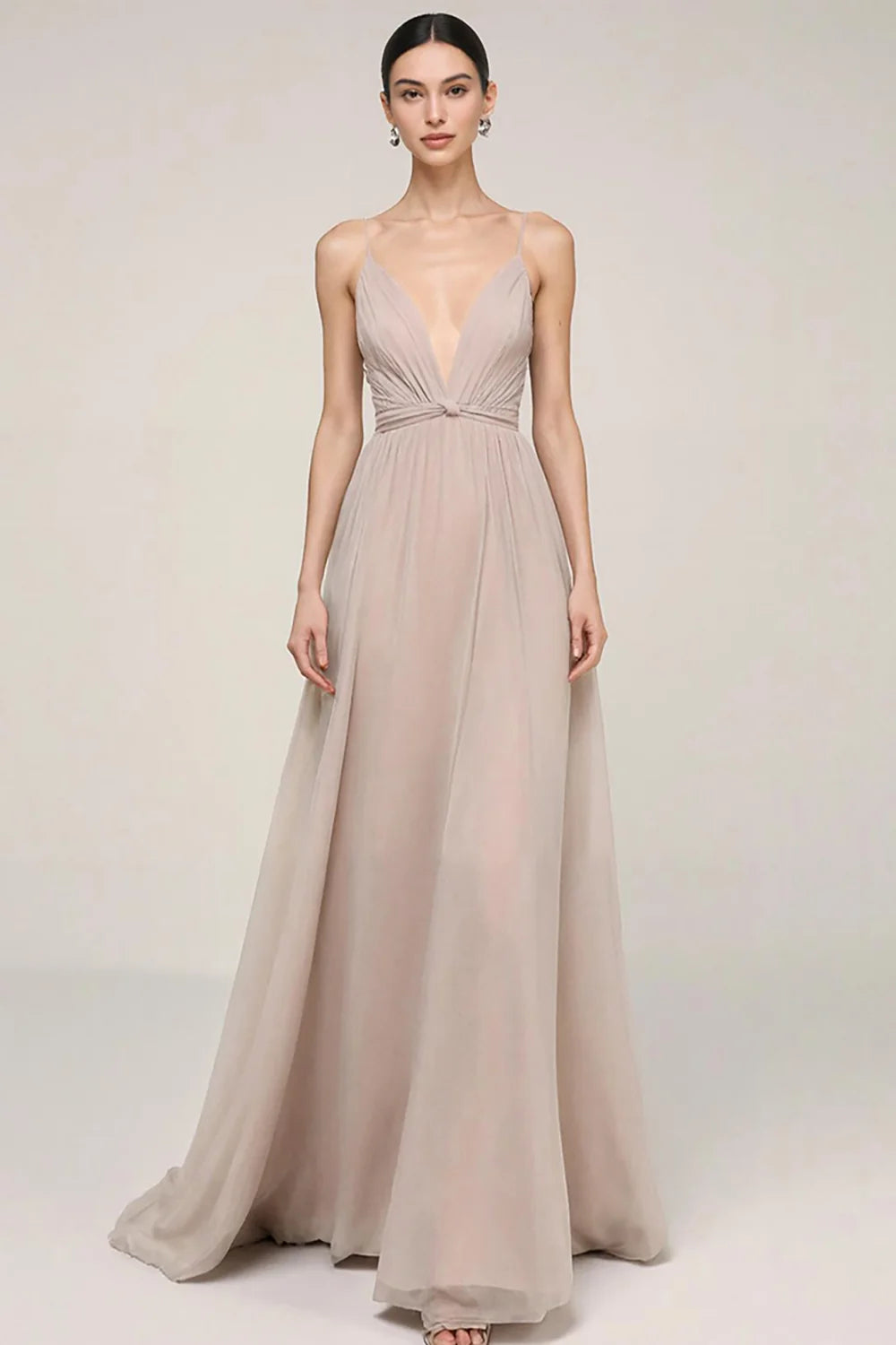 Dusty Rose Chiffon a-line plunging-v-neck low-back floor-length Dress Front View - Aabei Dress