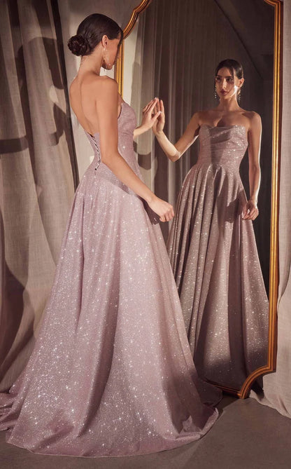 Dusty Rose Glitter Fabric a-line strapless lace-up-back floor-length Dress - Aabei Dress