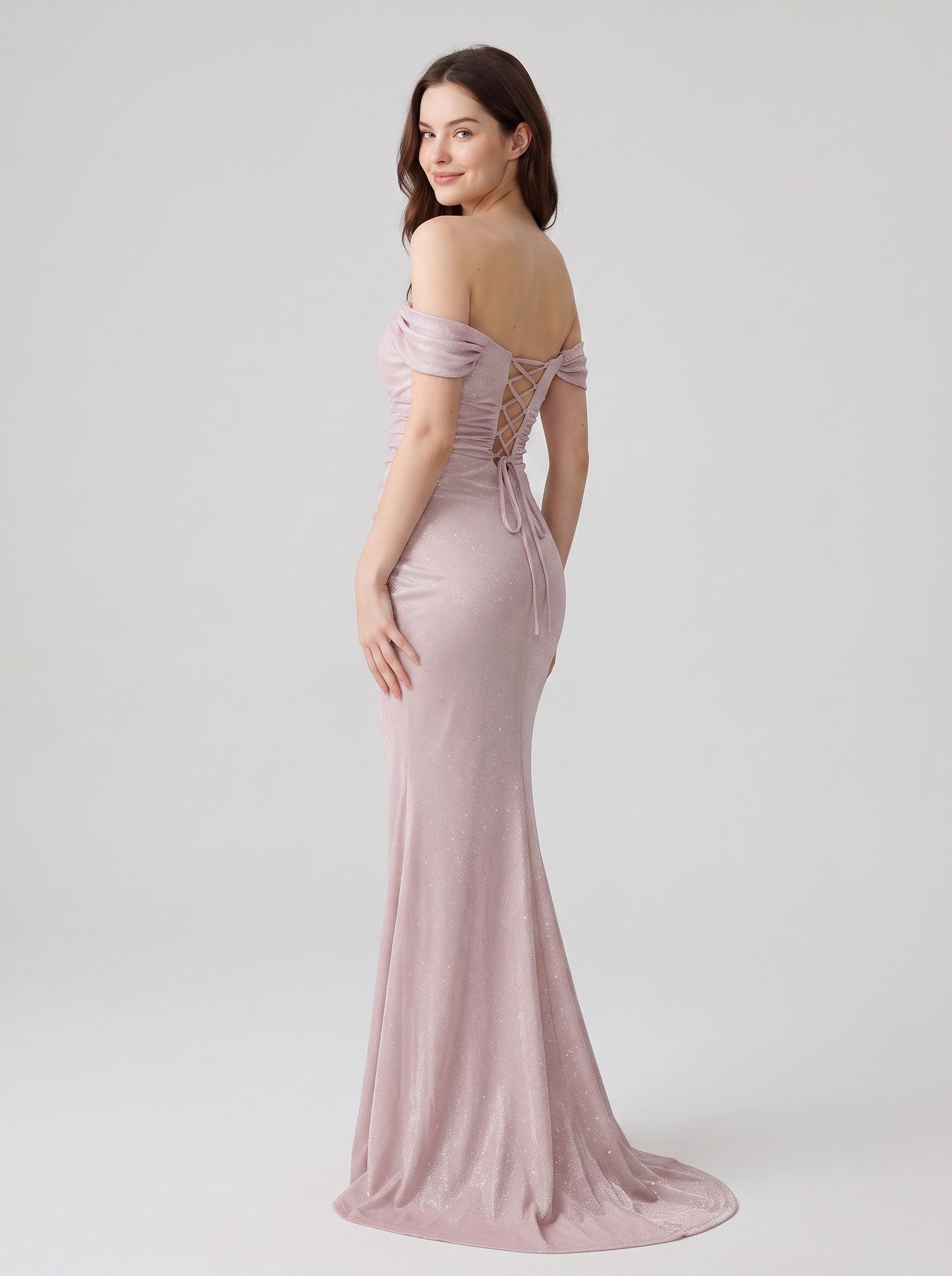Dusty Rose Glitter Fabric Mermaid Off the Shoulder Floor Length Dress Back View - Aabei Dress