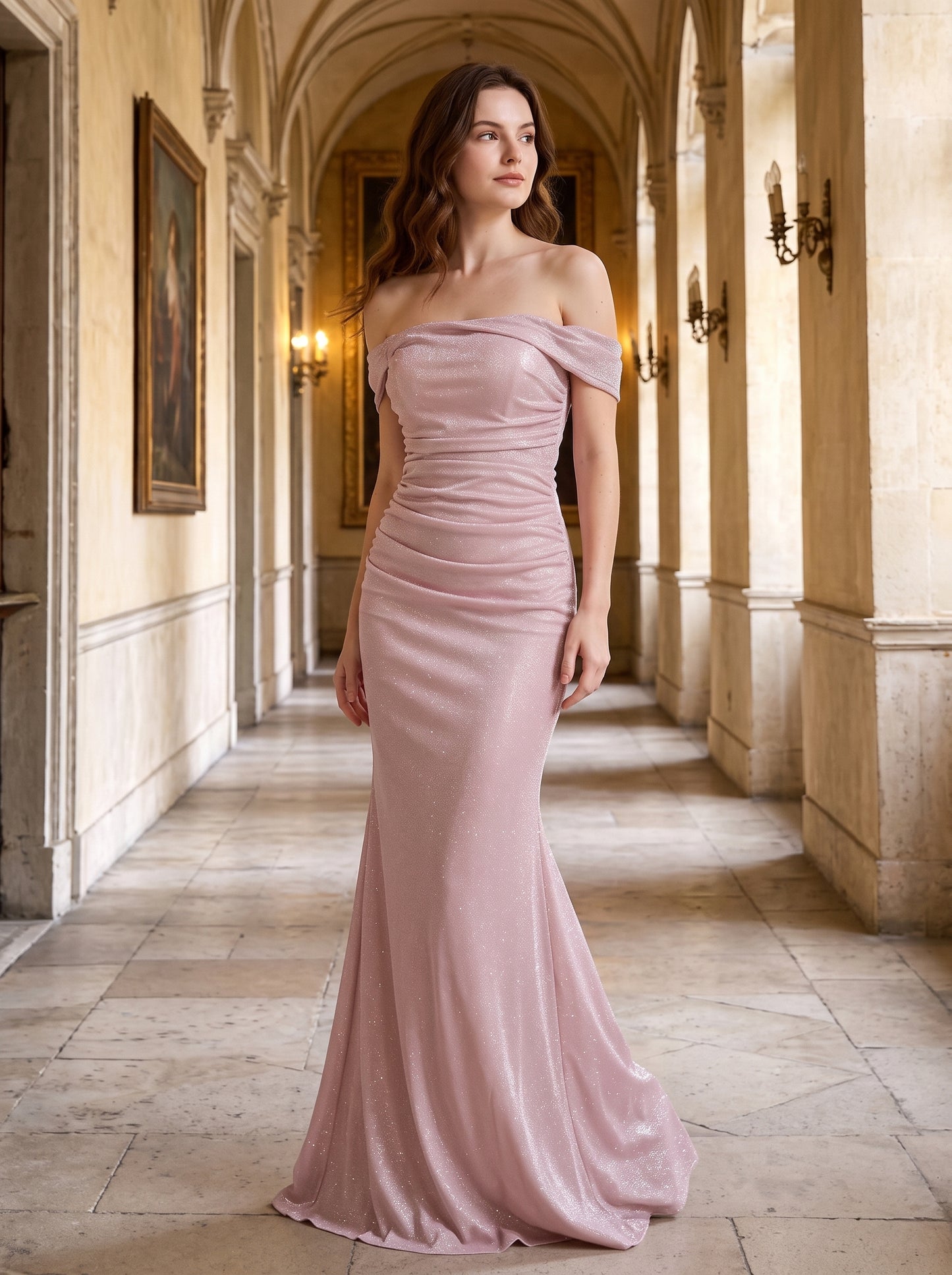 Dusty Rose Glitter Fabric Mermaid Off the Shoulder Floor Length Dress Front View - Aabei Dress