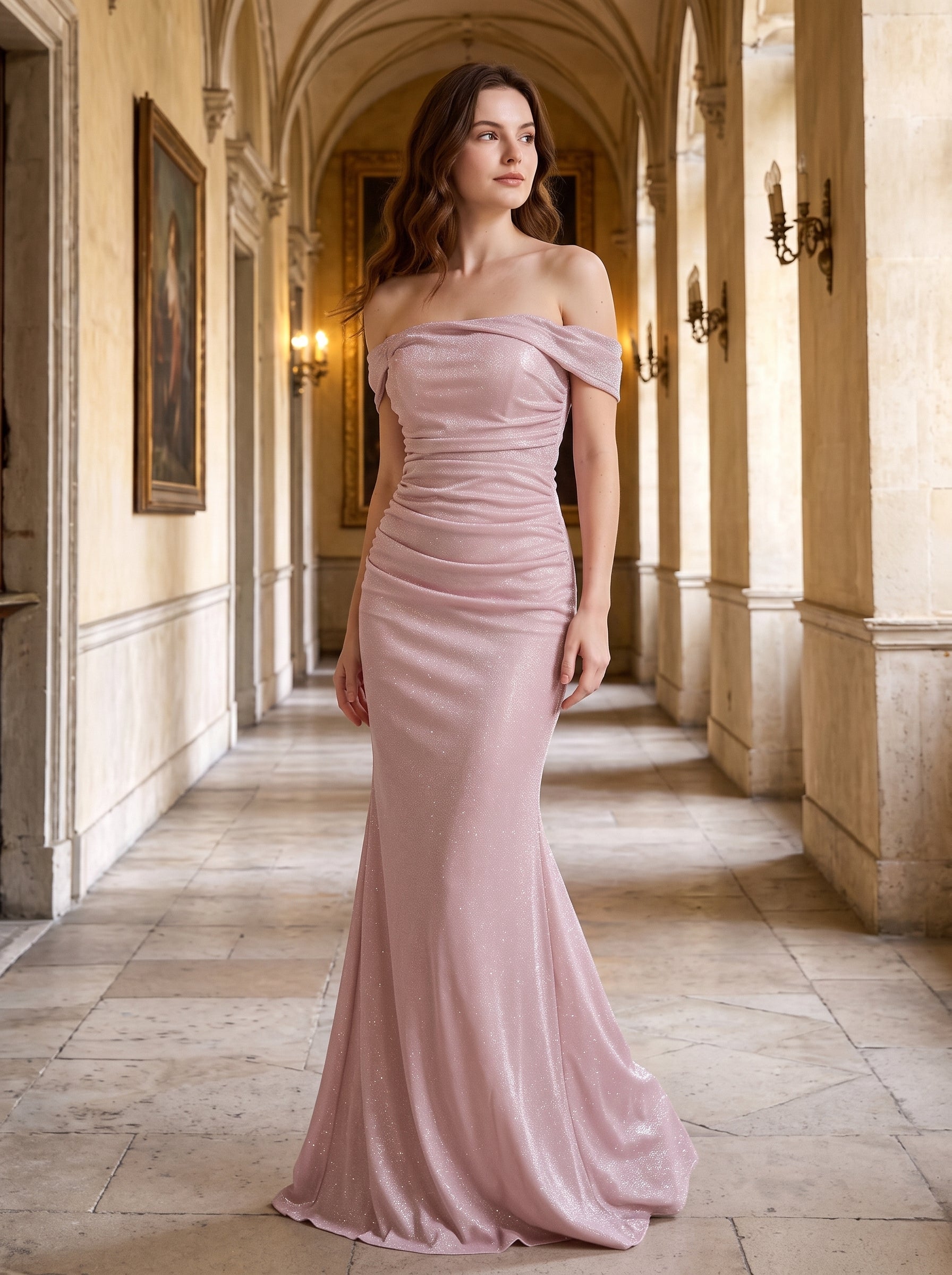 Dusty Rose Glitter Fabric Mermaid Off the Shoulder Floor Length Dress Front View - Aabei Dress