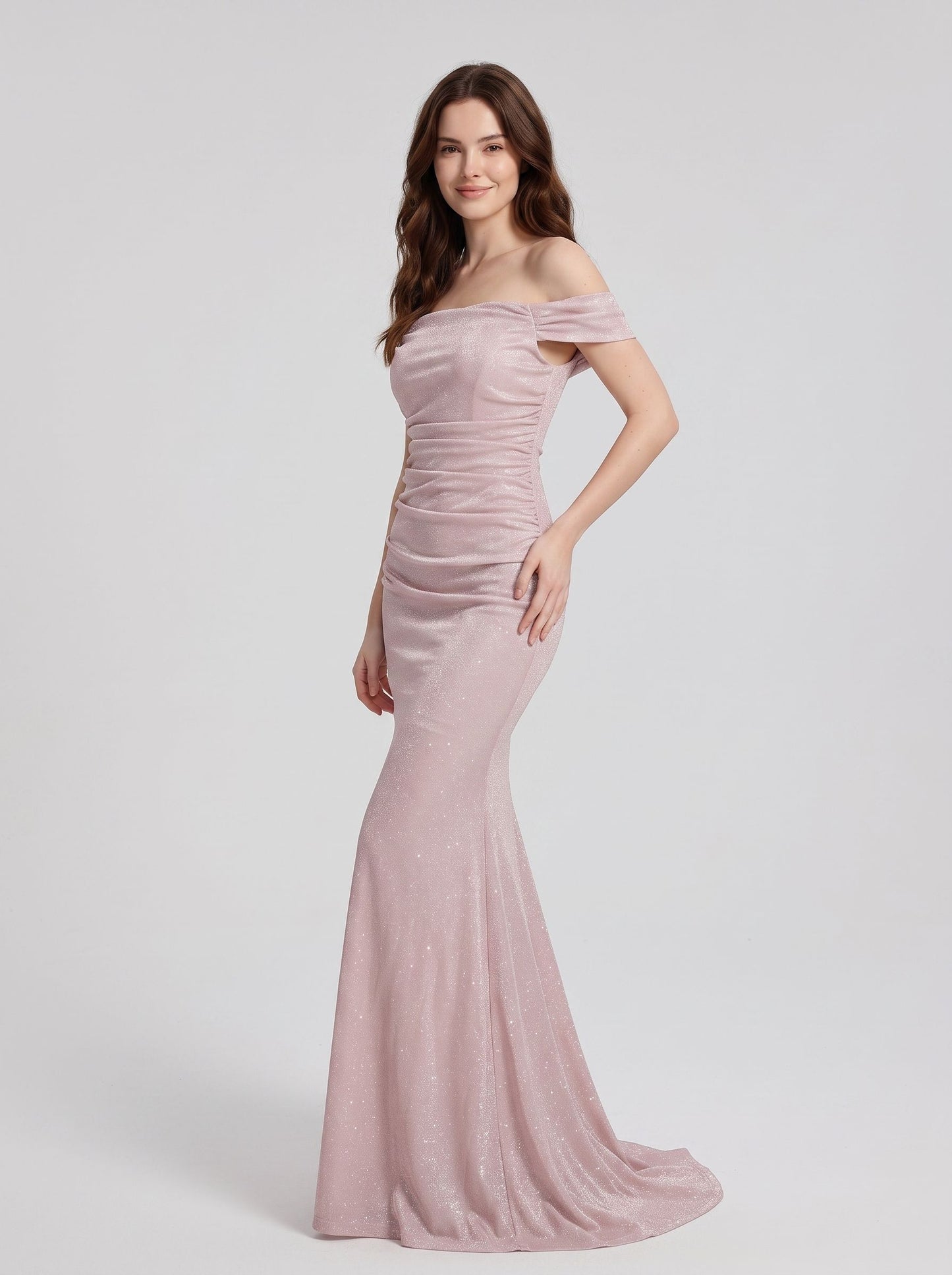 Dusty Rose Glitter Fabric Mermaid Off the Shoulder Floor Length Dress - Aabei Dress