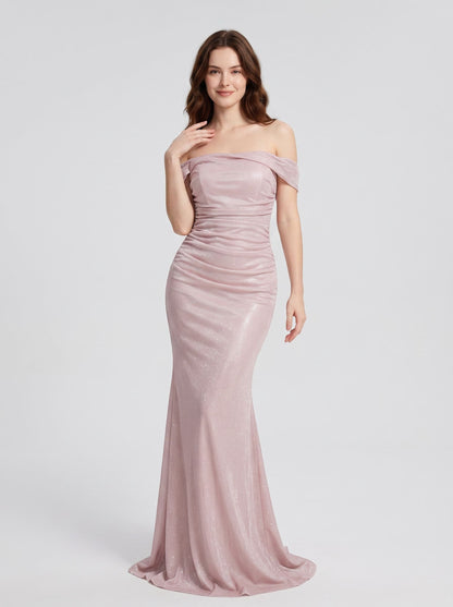 Dusty Rose Glitter Fabric Mermaid Off the Shoulder Floor Length Dress - Aabei Dress
