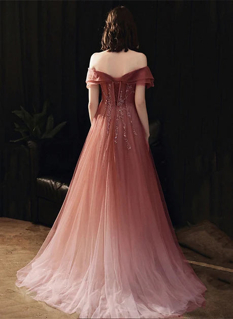 Dusty Rose Glitter Tulle A-Line Off-the-Shoulder Lace-up Floor-Length Dress Back View - Aabei Dress