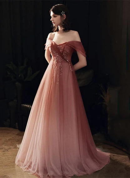 Dusty Rose Glitter Tulle A-Line Off-the-Shoulder Lace-up Floor-Length Dress Front View - Aabei Dress