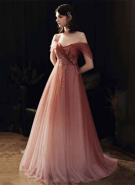 Dusty Rose Glitter Tulle A-Line Off-the-Shoulder Lace-up Floor-Length Dress - Aabei Dress