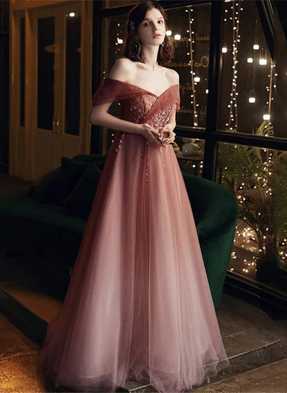 Dusty Rose Glitter Tulle A-Line Off-the-Shoulder Lace-up Floor-Length Dress - Aabei Dress
