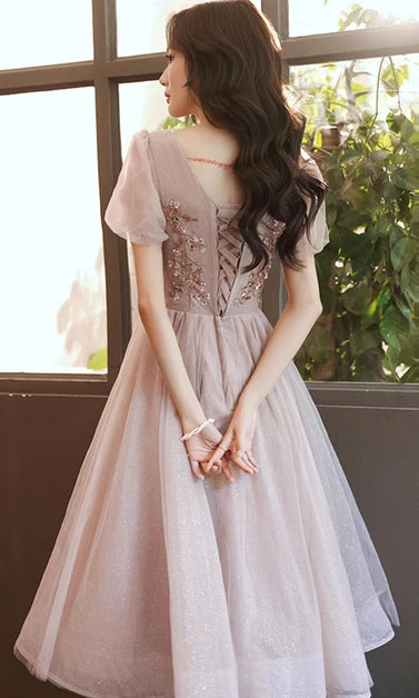 Dusty Rose Glitter Tulle A-Line Square Neck Lace-Up Back Tea-Length Dress Back View - Aabei Dress