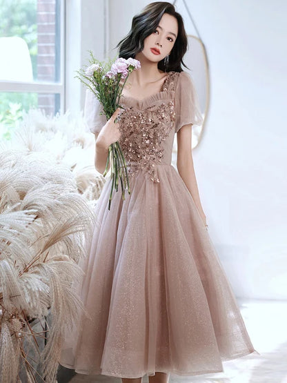 Dusty Rose Glitter Tulle A-Line Square Neck Lace-Up Back Tea-Length Dress Front View - Aabei Dress