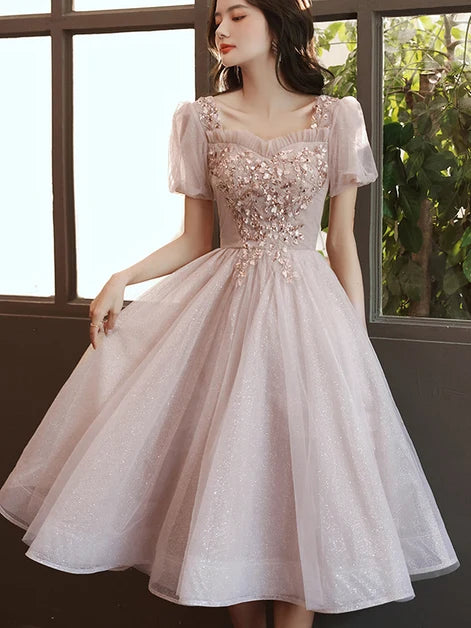 Dusty Rose Glitter Tulle A-Line Square Neck Lace-Up Back Tea-Length Dress - Aabei Dress