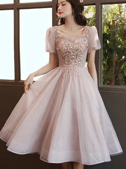 Dusty Rose Glitter Tulle A-Line Square Neck Lace-Up Back Tea-Length Dress - Aabei Dress