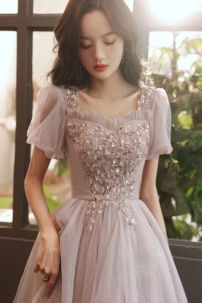 Dusty Rose Glitter Tulle A-Line Square Neck Lace-Up Back Tea-Length Dress - Aabei Dress