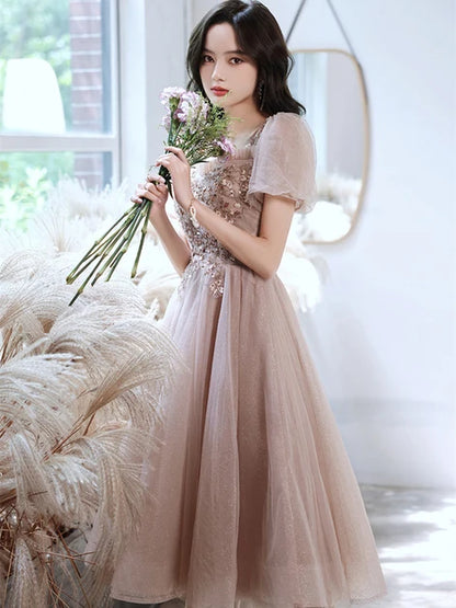 Dusty Rose Glitter Tulle A-Line Square Neck Lace-Up Back Tea-Length Dress - Aabei Dress