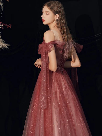 Dusty Rose Glitter Tulle A-Line Sweetheart Lace-Up Back Floor-Length Dress Back View - Aabei Dress