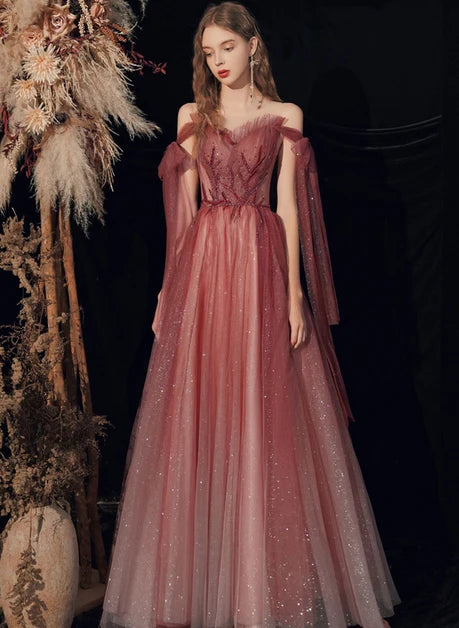 Dusty Rose Glitter Tulle A-Line Sweetheart Lace-Up Back Floor-Length Dress Front View - Aabei Dress