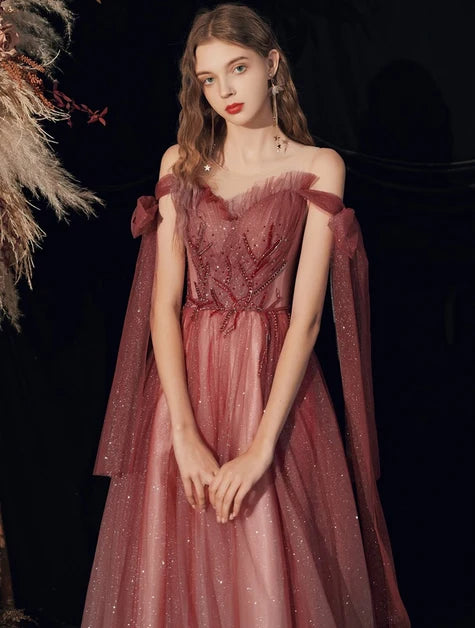 Dusty Rose Glitter Tulle A-Line Sweetheart Lace-Up Back Floor-Length Dress - Aabei Dress