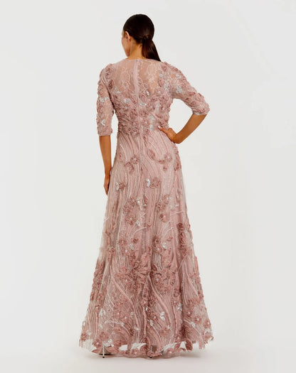 Dusty Rose Lace and Mesh A-Line Illusion Neck Zipper Back Floor Length Dress Back View - Aabei Dress