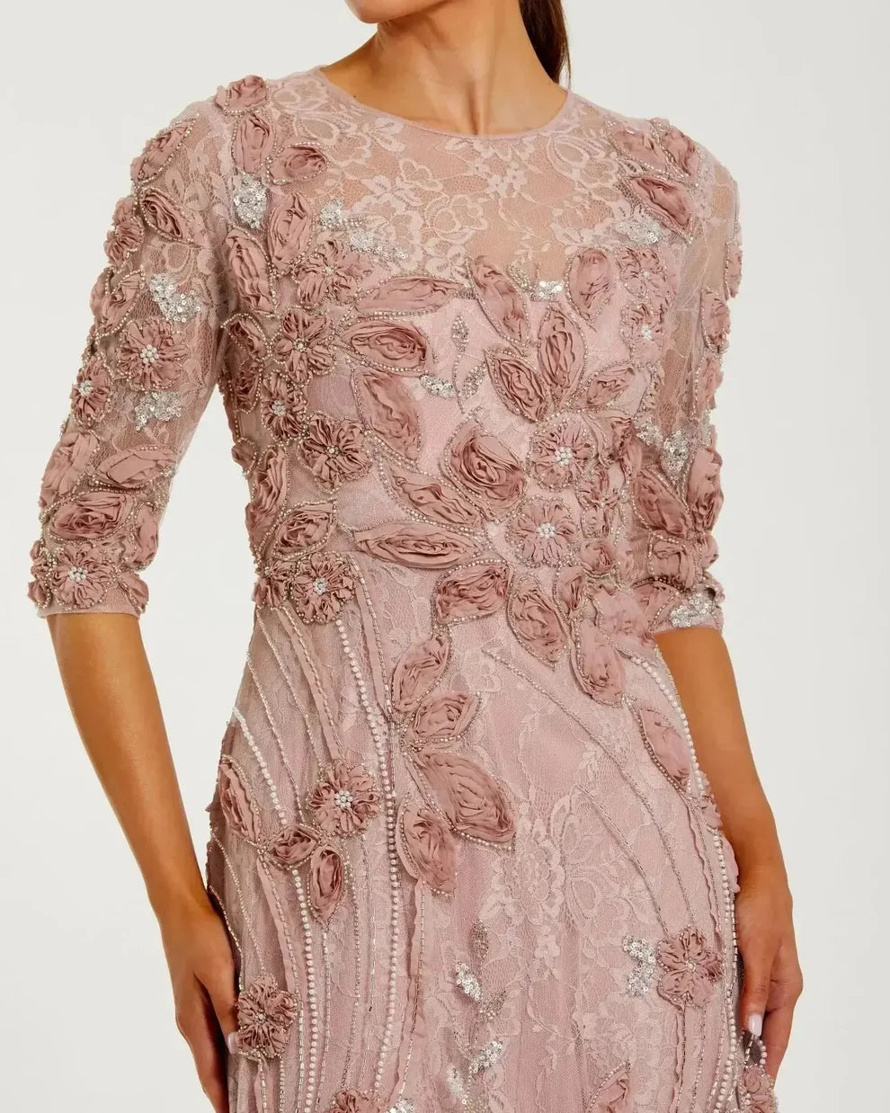 Dusty Rose Lace and Mesh A-Line Illusion Neck Zipper Back Floor Length Dress - Aabei Dress