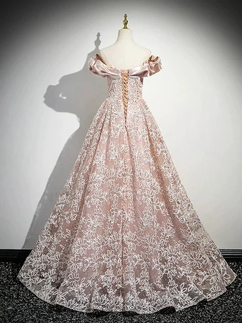 Dusty Rose Lace Satin A-Line Off-the-Shoulder Lace-Up Floor-Length Dress Back View - Aabei Dress