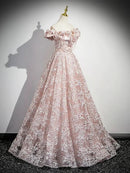 Dusty Rose Lace Satin A-Line Off-the-Shoulder Lace-Up Floor-Length Dress Front View - Aabei Dress