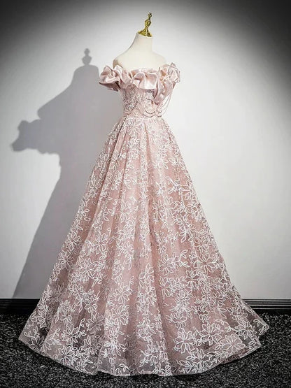 Dusty Rose Lace Satin A-Line Off-the-Shoulder Lace-Up Floor-Length Dress Front View - Aabei Dress