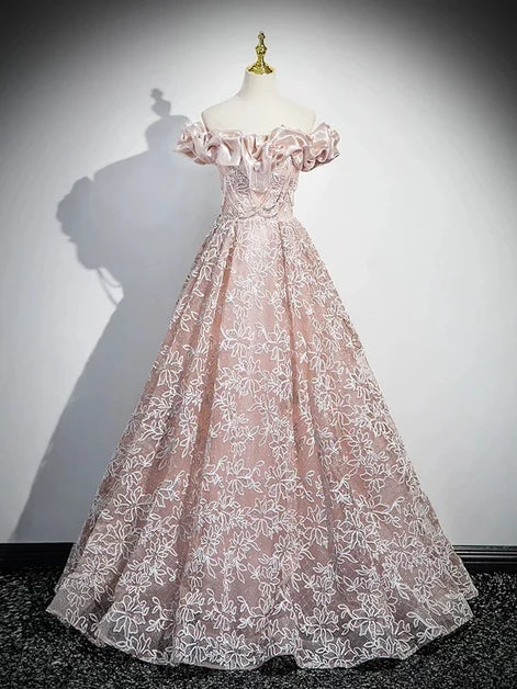 Dusty Rose Lace Satin A-Line Off-the-Shoulder Lace-Up Floor-Length Dress - Aabei Dress